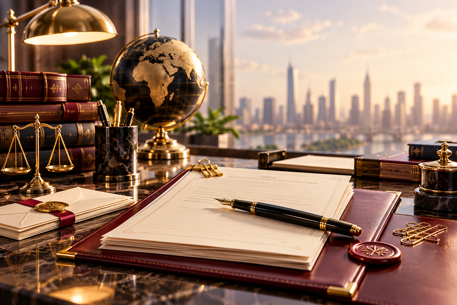 Drafting desk with a fountain pen, burgundy folders and organized documents